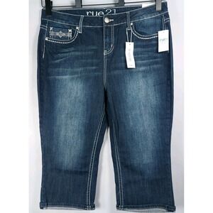 Rue 21 High Waisted Crop Jeans Wms Size 14 Dark Wash Embellished New
